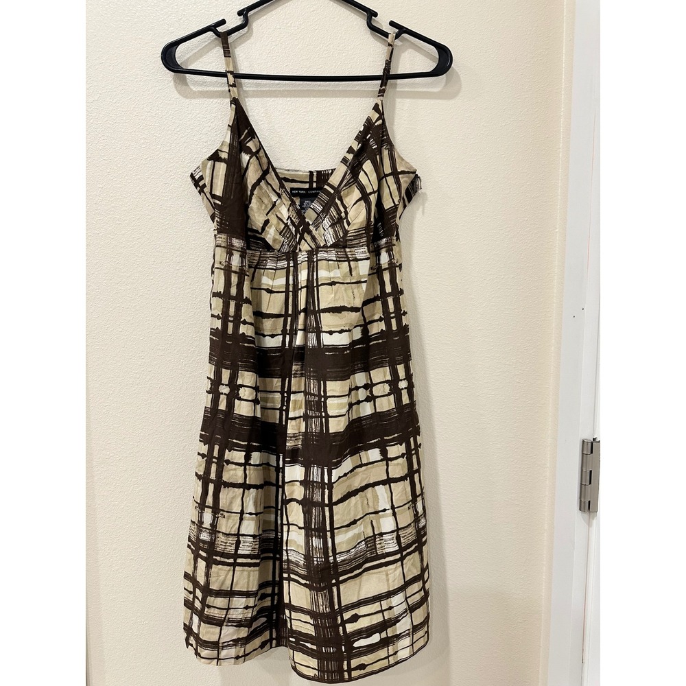 New York & Company Brown Silk Blend Abstract Plaid V-Neck Sundress Size 4